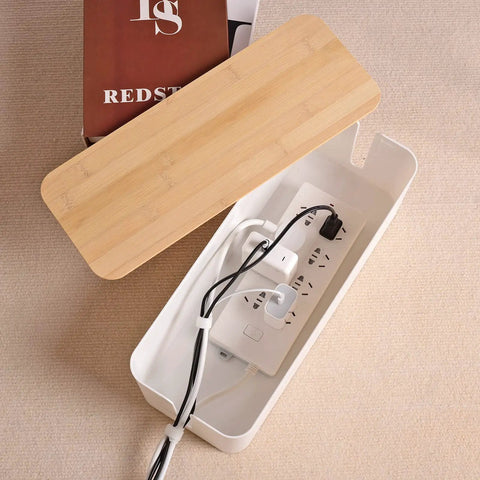 Wooden Style Large Desk Cable Box To Hide Wires And Power Strips, Cord Organizer For Home And Office with white interior and wooden lid.