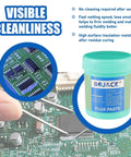 No Clean Solder Paste Flux For Dope Eco Friendly Electronics Soldering Pro Grade For CPU Disassembly And Assembly BGA And SMD PCB Repair Lead Free Acid Free Low Odor Safe And Non Toxic Environmentally Friendly 5.15oz 146g container with circuit board in background
