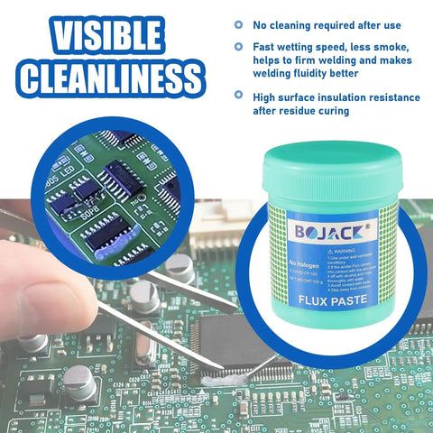 No Clean Solder Paste Flux For Dope Eco Friendly Electronics Soldering Pro Grade For CPU Disassembly And Assembly BGA And SMD PCB Repair Lead Free Acid Free Low Odor Safe And Non Toxic Environmentally Friendly 5.15oz 146g container with circuit board in background