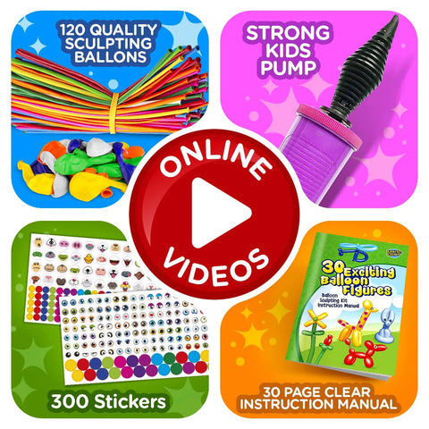 Balloon Animal Kit For Beginners With Pump And Manual 120 Pieces includes balloons, pump, stickers, manual, and online videos.