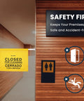Built Different Two Pack Bilingual Restroom Closed Sign Heavy Duty Polyester Door Barricade Hanger English Spanish warning tag displayed for cleaning.