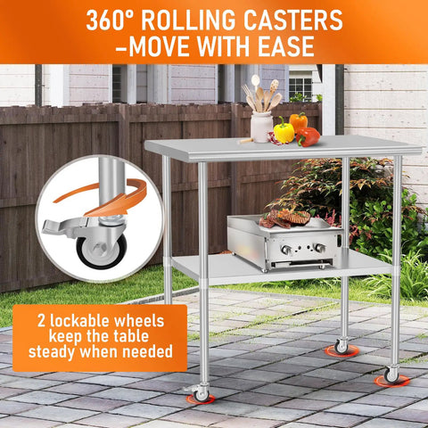 Stainless Steel Utility Work Table On Wheels 24 By 36 Heavy Duty Kitchen Cart With Adjustable Undershelf in outdoor setting