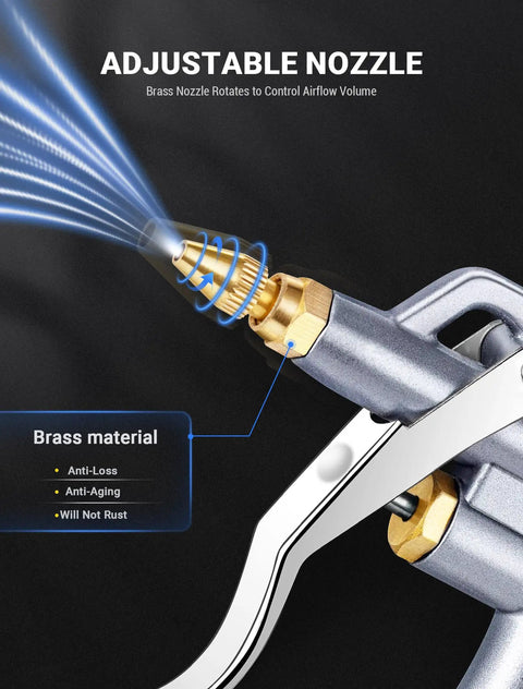 Close-up of Industrial Heavy Duty Pro Grade Air Blow Gun with Brass Adjustable Nozzle for Air Compressors, highlighting airflow and material.