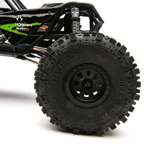 Close-up of RBX10 Ryft 1/10 Scale 4WD Brushless RC Truck Ready To Run Rock Bouncer RTR with durable tube chassis.