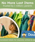 Girl applying Personalized Name Labels For Kids Featuring Waterproof Custom Stickers to jacket in daycare.