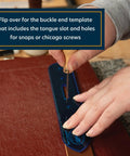Blue Belt End Acrylic Leather Templates Set Of 2 For Precise Strap Layout And Hole Punching 1 Inch Hole Spacing For Belts Bags And More Buckle End Fold Over Template For Leather Craft shown in use on leather with awl tool.