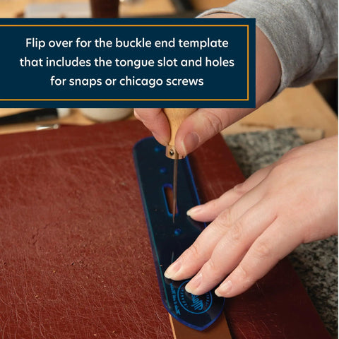 Blue Belt End Acrylic Leather Templates Set Of 2 For Precise Strap Layout And Hole Punching 1 Inch Hole Spacing For Belts Bags And More Buckle End Fold Over Template For Leather Craft shown in use on leather with awl tool.
