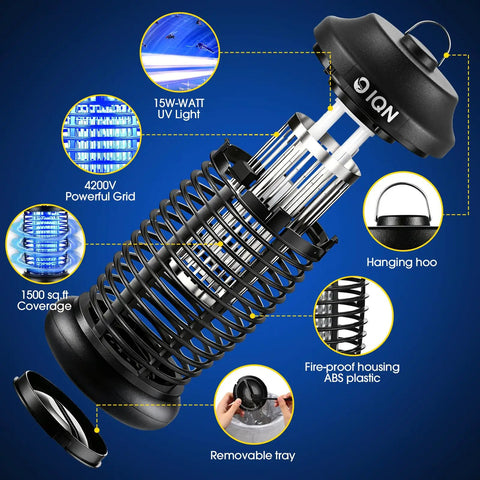 Outdoor Bug Zapper Plug In Electric Mosquito Killer With 15W UV Light And 4200V Grid showing open side view and components