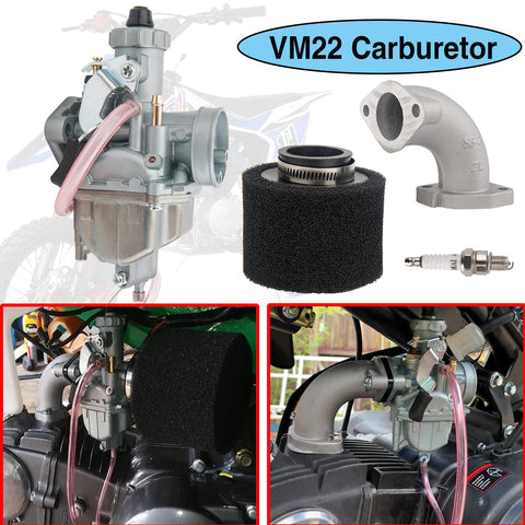 VM22 Carburetor kit with air filter for 110cc 125cc 140cc dirt bikes; includes carb, filter, and intake parts