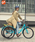 Electric Tricycle For Adults 26 Inch Trike With 250W Peak 500W Motor 468Wh Removable Battery 31 Mile Range Three Modes 3 Wheel Electric Trike For Seniors Teal Color Easy Ride For Daily Commute; woman riding with rear basket
