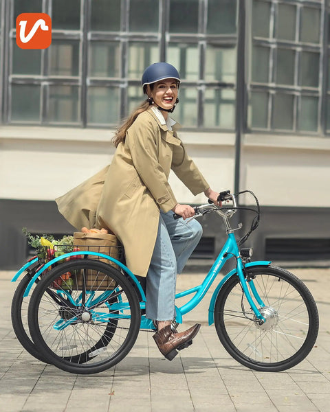 Electric Tricycle For Adults 26 Inch Trike With 250W Peak 500W Motor 468Wh Removable Battery 31 Mile Range Three Modes 3 Wheel Electric Trike For Seniors Teal Color Easy Ride For Daily Commute; woman riding with rear basket