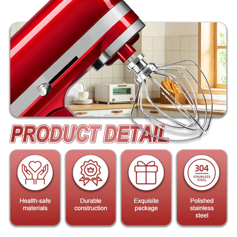 Stainless Steel 6 Wire Whip Attachment For KitchenAid Stand Mixer 4.5 Quart Tilt Head Dishwasher Safe Egg Cream Stirrer Flour Cake Balloon Whisk Replacement on red mixer