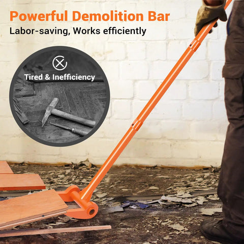 Beefy 48 Inch Decking Pry Bar And Pallet Buster With 110 Degree Head Heavy Duty Carbon Steel Demolition Tool For Deck Boards Pallets And Standing Hardwood Pry Lift And Demolish With Less Back And Knee Strain Orange in use
