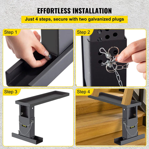 Installation steps for Ladder Extender For Stairs 23.4 By 7.6 Inches, Adjustable Height Range From 12.25 Inches To 19.7 Inches, Steel Leveling Tool With Chain Pins, Black Powder Coated Finish, Heavy Duty Extension Ladder Access.