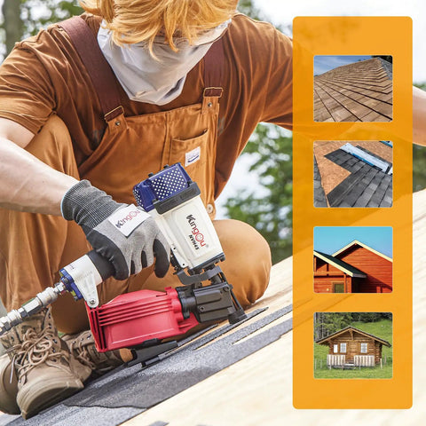 Badass Heavy Duty Roofing Nail Gun Built With Heat Treated Alloy Nose For Serious Shingle Installations And Residential Builds That Delivers Sick Performance On Every Busy Job Site Project, in use on a roof.