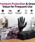Top Shelf Black Nitrile Gloves 1000 Count Bulk 4 Mil Thick Chemical Resistant Disposable Gloves With Crisp Tactile Feel For All Day Comfort And Serious Work Protection, displayed with flexible fit and box.