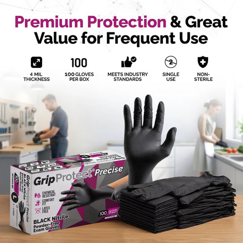 Top Shelf Black Nitrile Gloves 1000 Count Bulk 4 Mil Thick Chemical Resistant Disposable Gloves With Crisp Tactile Feel For All Day Comfort And Serious Work Protection, displayed with flexible fit and box.