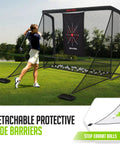 Woman using 10x7ft Golf Simulator Enclosure Net With Side Barriers, Low Noise Silk Target for backyard practice