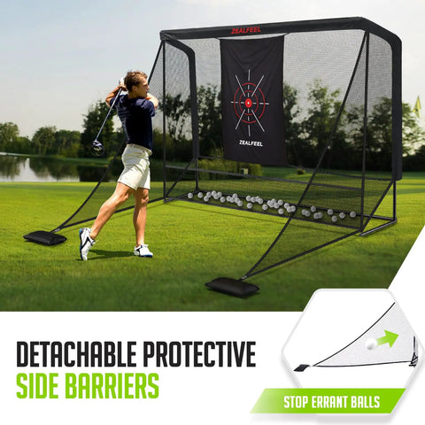 Woman using 10x7ft Golf Simulator Enclosure Net With Side Barriers, Low Noise Silk Target for backyard practice