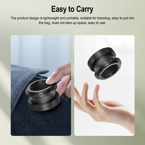2 Inch SCT Diagonal Adapter, lightweight, portable design, shows adapter being placed in pocket and hand for easy carry
