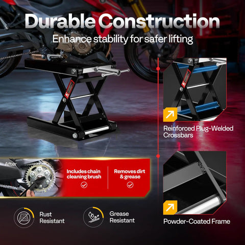 Heavy Duty Steel Motorcycle Lift Jack With Broad Scissor Hoist Stand Elevates Up To 1100 Lbs Smoothly Rises From 3.5 To 14.5 Inches For Rock Solid Garage Work Dead Simple Oil Changes And No Sweat Tune Ups On Any Ride