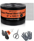 Solar Panel Bird Guard Mesh Screen 6 Inch By 120 Foot Black PVC Coated Galvanized Steel Netting For No Fuss Easy DIY Install Includes 80 Clips Scissors And Gloves