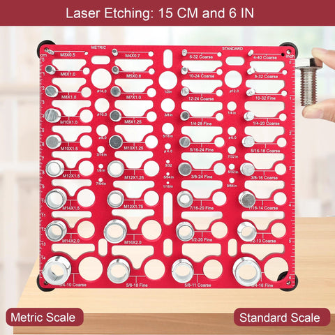 Front view of red bolt thread gauge board with metric and standard scales and wall-mount holes