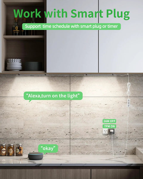 Kitchen setup with Two Pack 12 Inch Under Cabinet Lighting Kit Dimmable LED Lights Cool White 6000K Linkable USB Plug In installed.