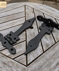 Heavy Duty Screen Door Hinges With Oil Blackened Finish Solid Pair 6 Inch Long Victorian Colonial Style on wooden table