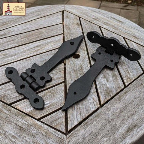 Heavy Duty Screen Door Hinges With Oil Blackened Finish Solid Pair 6 Inch Long Victorian Colonial Style on wooden table