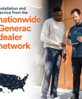 Two people discussing services from nationwide Generac dealer network with map graphic on wall.