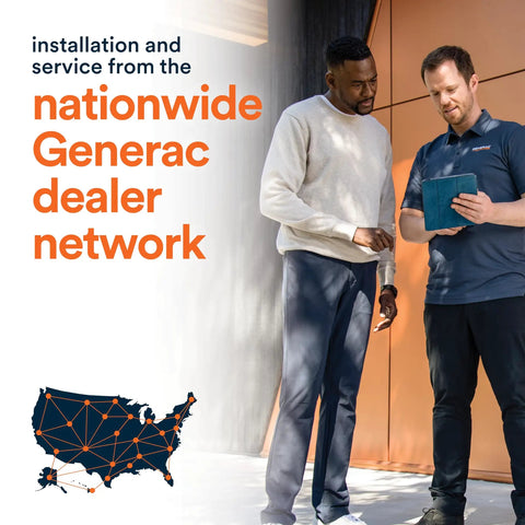Two people discussing services from nationwide Generac dealer network with map graphic on wall.