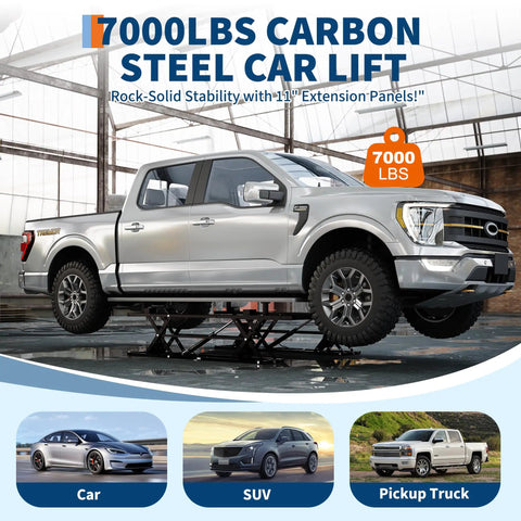 Beefy 7000 Lbs Portable Car Lift for Trucks, SUVs, and Sedans lifting a silver pickup truck, heavy duty scissor lift jack