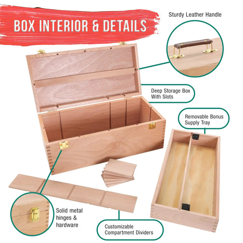 Durable Wooden Art Box With Locking Clasps And Removable Tray showing open interior, compartments, and solid hardware details.