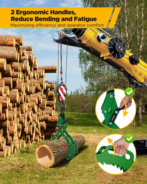 Beefy 36 Inch Log Lifting Tongs With 4 Claws 10 mm High Carbon Steel Grapple Hook lifting a log with machinery in a forest setting.