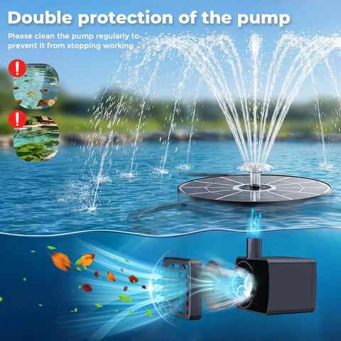 Upgraded 3.7W Glass Solar Panel Bird Bath Fountain Pump with powerful water spray in a garden pond setting