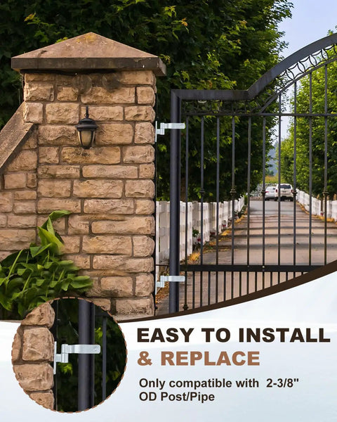 Four Pack Chain Link Fence Gate Male Hinges For 2-3/8 Inch OD Post Or Pipe With 5/8 Inch Pin Galvanized Steel Construction Rust Resistant Weatherproof Gate Hardware For Quick Easy Installation on driveway gate