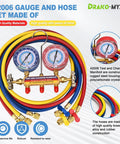 Test And Charge Manifold Kit With Three And One Eighth Inch Color Coded Gauge Brass Manifold, Seventy Two Inch Hoses