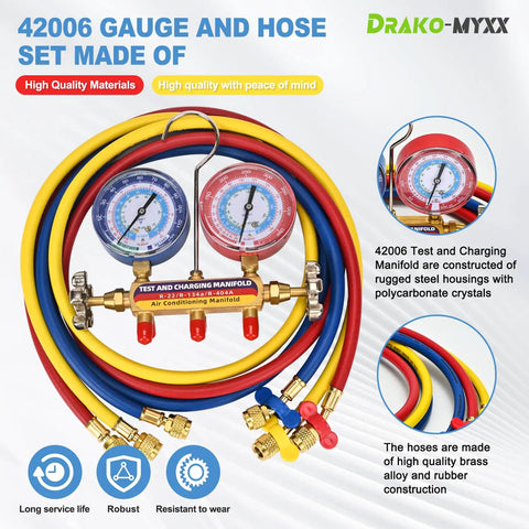 Test And Charge Manifold Kit With Three And One Eighth Inch Color Coded Gauge Brass Manifold, Seventy Two Inch Hoses