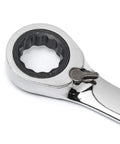 Close-up of 12 point head with lever from Reversible Ratcheting Metric Wrench Set In Tool Roll, 10 Piece, chrome finish.