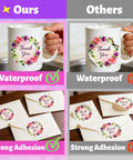 Comparison of White Sublimation Sticker Paper 8.5x11 on mugs and envelopes, showcasing waterproof and adhesive qualities.