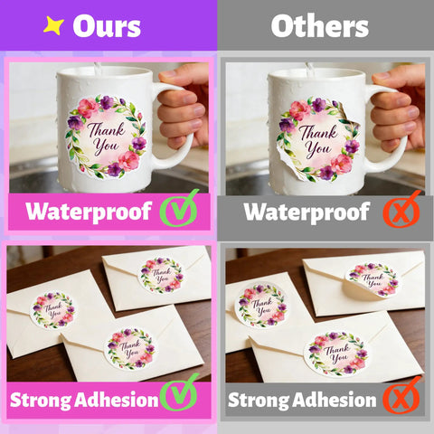 Comparison of White Sublimation Sticker Paper 8.5x11 on mugs and envelopes, showcasing waterproof and adhesive qualities.