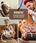 Collage showing versatile uses of leather repair patch kit for couches and car seats, self adhesive upholstery tape for home and auto interior.