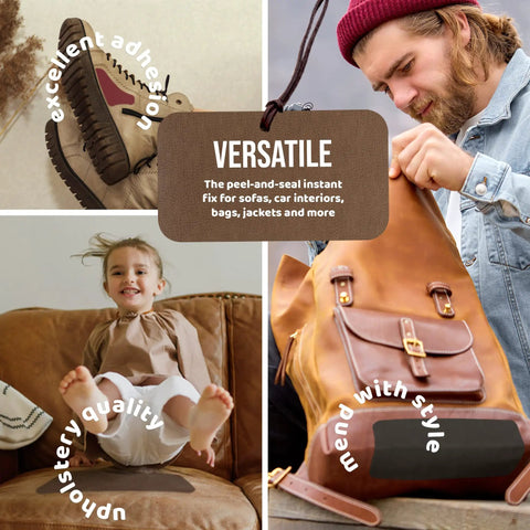 Collage showing versatile uses of leather repair patch kit for couches and car seats, self adhesive upholstery tape for home and auto interior.