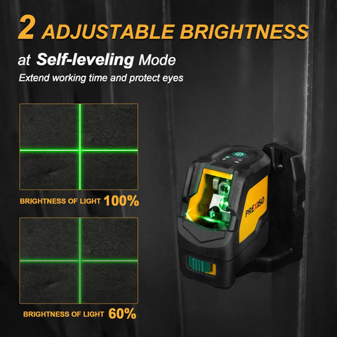 Pro Grade Green Beam Laser Level With Tripod For Construction And Tile Work, showing adjustable brightness settings.