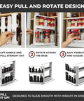 Demonstration of Easy Pull and Rotate design of Super Darn Handy Pull And Spin Cabinet Caddy Spice Rack Organizer For Kitchen Pantry Organization Bathroom Medicine Bottles Cosmetics And Small Item Stash Keeping 2 Tier Design.