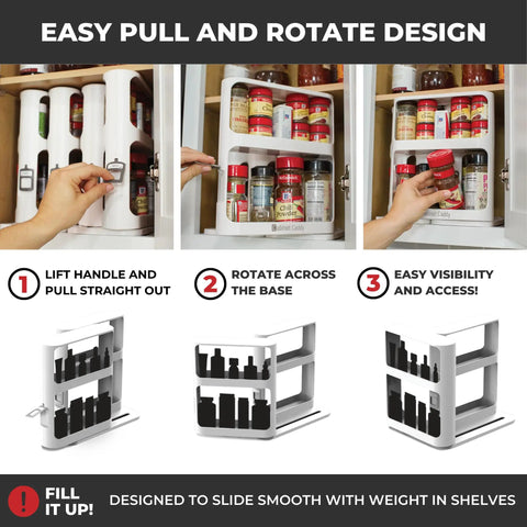 Demonstration of Easy Pull and Rotate design of Super Darn Handy Pull And Spin Cabinet Caddy Spice Rack Organizer For Kitchen Pantry Organization Bathroom Medicine Bottles Cosmetics And Small Item Stash Keeping 2 Tier Design.