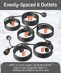 Image of 50 Foot Black Outdoor Extension Cord With Six Evenly Spaced Outlets And Waterproof Cover For Outdoor Lighting And Holiday Decorations Weatherproof SJTW Sixteen Three ETL Listed Great For Christmas Lights Halloween Decor And Backyard Projects.