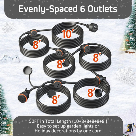 Image of 50 Foot Black Outdoor Extension Cord With Six Evenly Spaced Outlets And Waterproof Cover For Outdoor Lighting And Holiday Decorations Weatherproof SJTW Sixteen Three ETL Listed Great For Christmas Lights Halloween Decor And Backyard Projects.