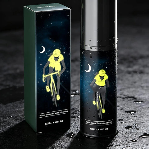 MNVKIJ Multipurpose Night Reflective Spray Agent High Visibility in 100ml water-based packaging, designed for nighttime cyclist visibility.
